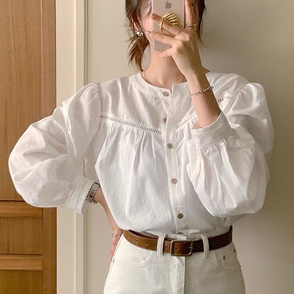 Leisure Hong Kong Style South Korea East Gate Chic Stitching Hollow Lace All-match Shirt Spring and Autumn Solid Color Age-reducing Outside