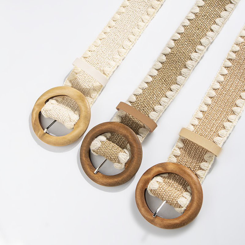 Bohemian Belt Women's Straw Wool Decorative Buckle Elastic Belt Natural Holiday Belt