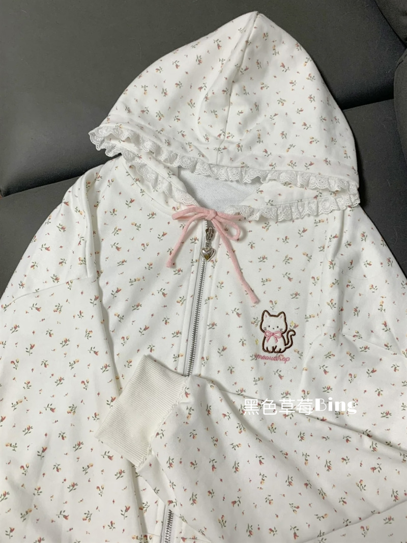 Picture of Thin kitten floral long sleeve zipper sweater hooded coat women's spring and summer Japanese cute cardigan loose top