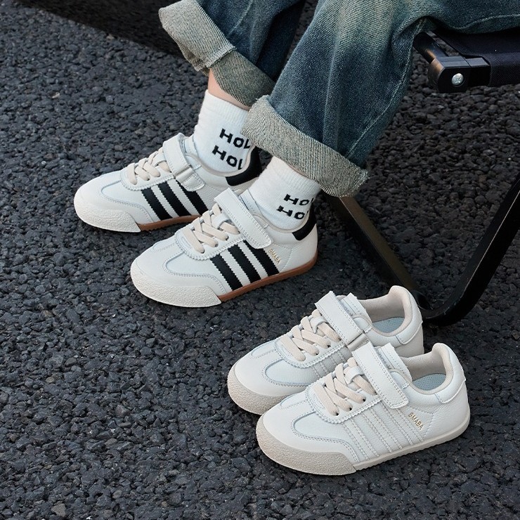 Girls' black and white genuine leather German training shoes, 2025 spring/autumn style, children's shoes, boys' soft-soled sports shoes, versatile children's white sneakers