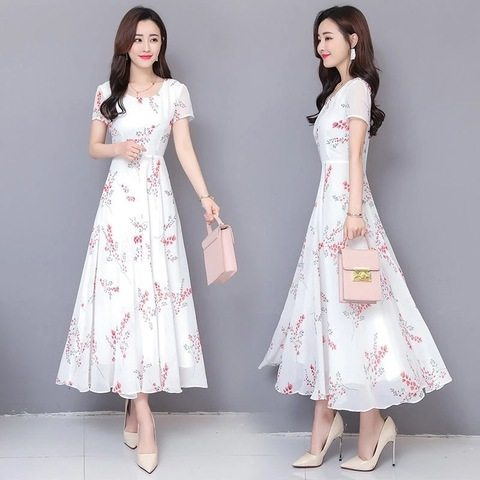 Picture of Fashion Dress for Women 2022 Summer New Floral Short-sleeved Mid-length Skirt Elegant Slimming Look Long Skirt for Women