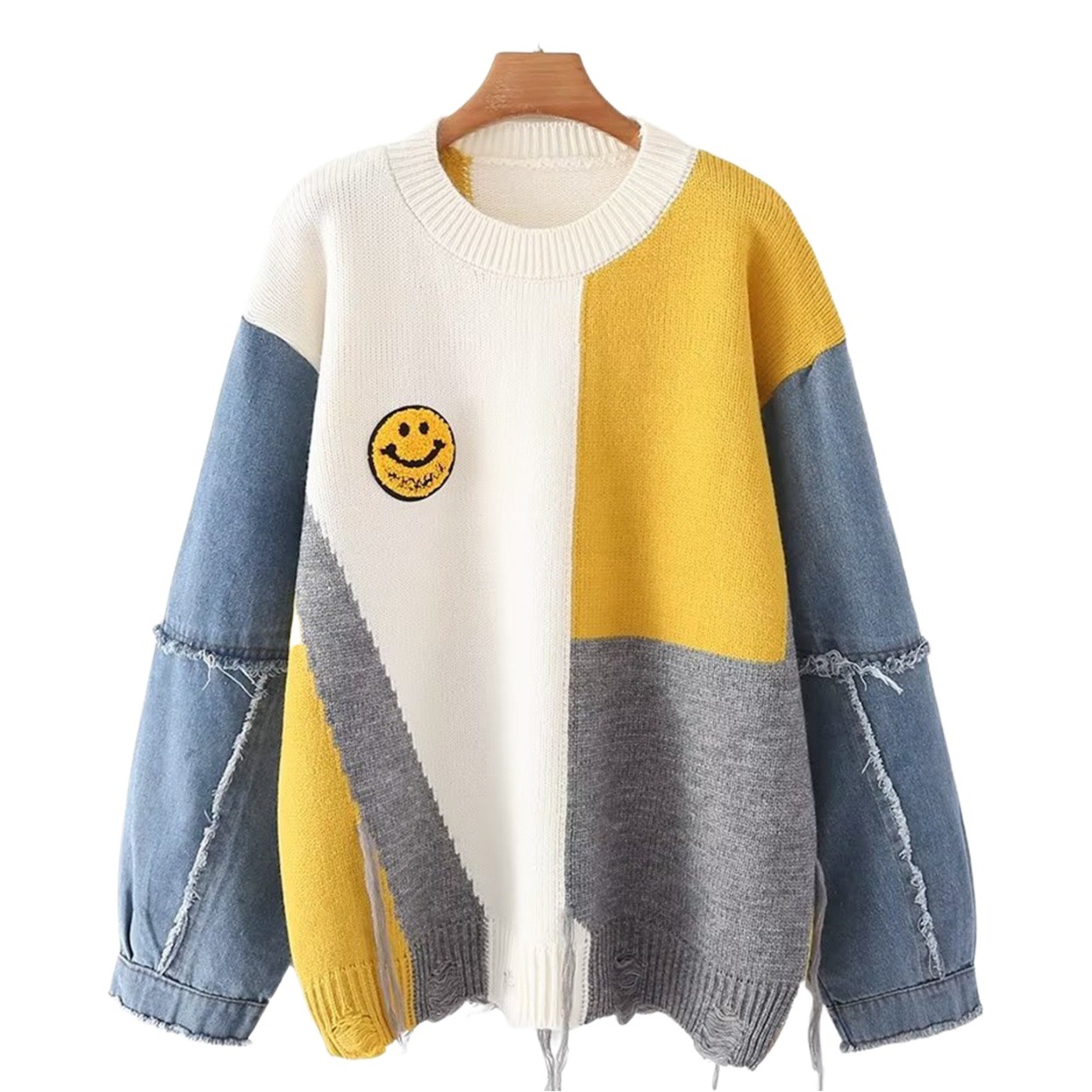 European and American Cross-Border Amazon Autumn and Winter New Loose Denim Stitching Contrasting Smiley Face Round Neck Long-Sleeved Sweater Pullover