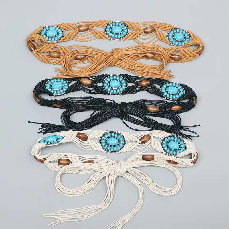 Ethnic Style Waist Rope Middle East Cyber Popular Bohemian Style Alloy Turquoise Resin Beads Woven Knot Women's Waist Rope