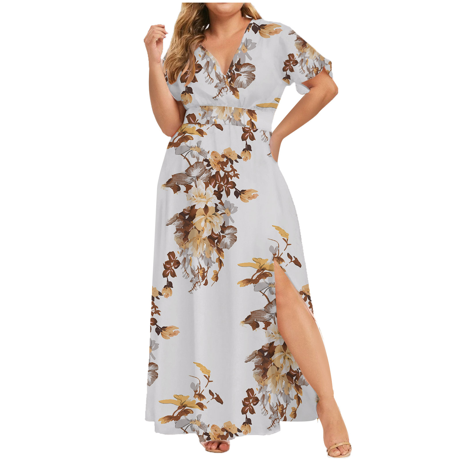 Picture of 2024 European and American Cross-Border Dress Summer New Plus Size Women's Printed Hem Slit Printed Short-Sleeved Dress