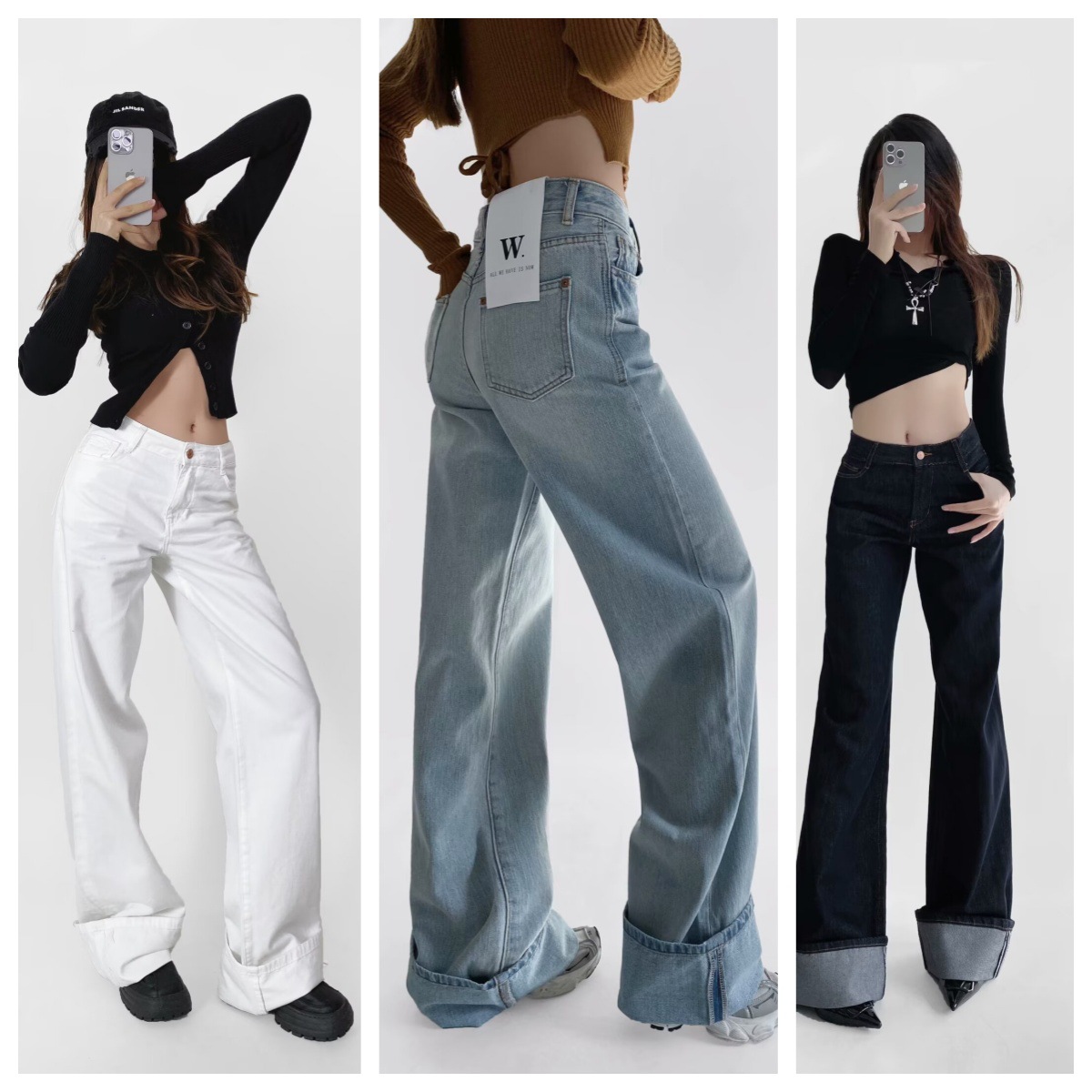 ZA cross-border women's clothing wholesale American style hot girl high waist wide leg jeans new vintage curling egg roll pants