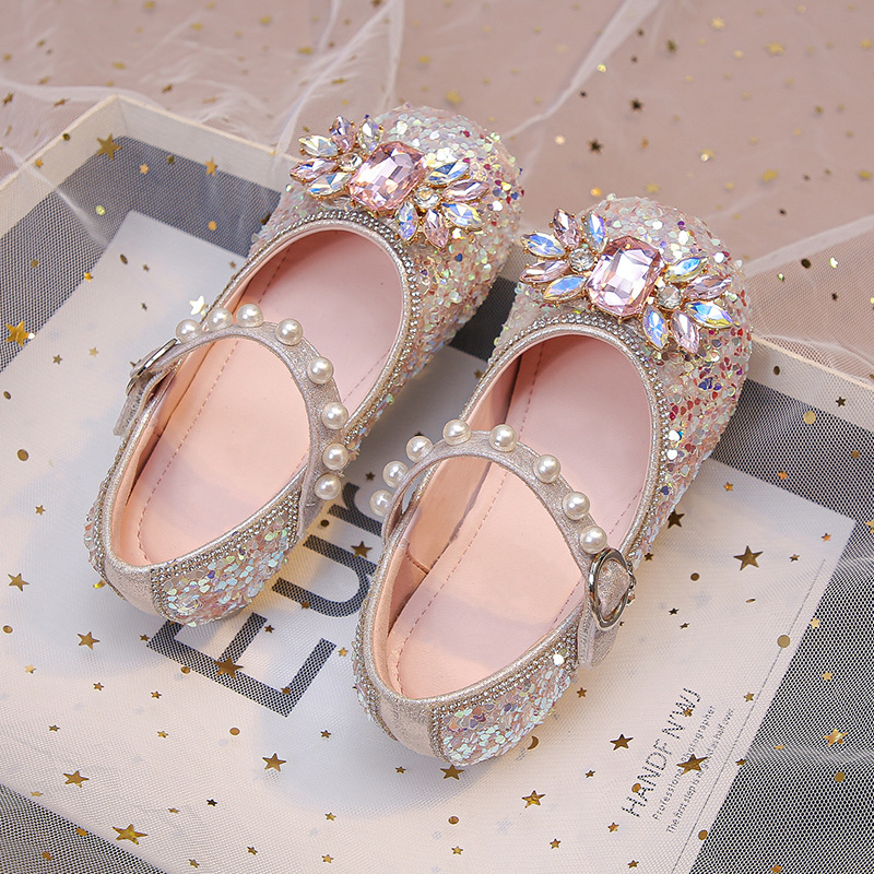 Girls Elsa Crystal Princess Shoes 2025 Spring New Bow Children's Baby Leather Shoes Soft Sole Rhinestone Shoes