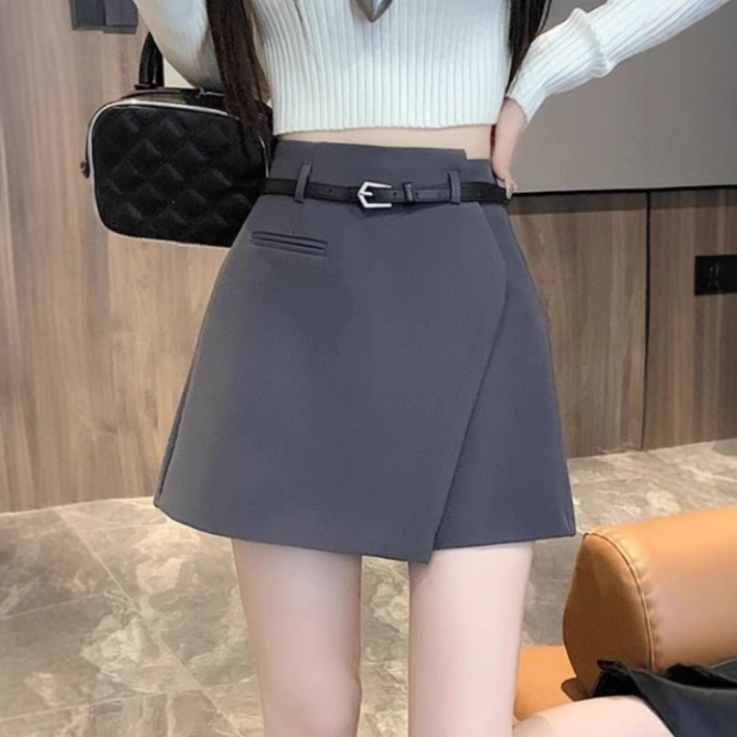 Irregular gray suit skirt, women's spring and autumn, small and loose wide-leg culottes, high-waisted slimming A-line skirt