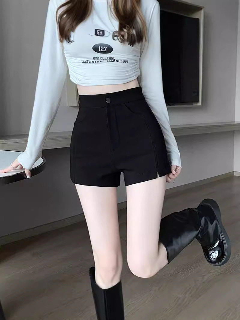 Suit Shorts Women's Thin New Ins Fashionable Loose High Waist Slimming Wide Leg A- Shoe Black Internet Celebrity Breathable Hot Pants for Summer