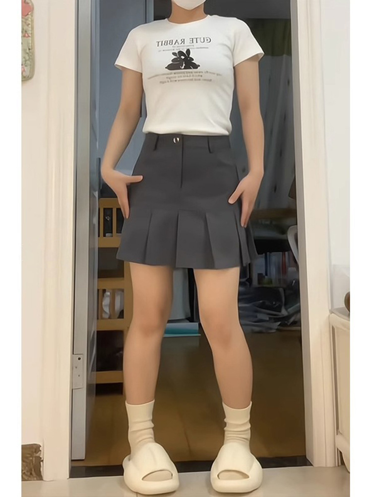 Grey High Waist Suit Pleated Skirt Women's Summer New Fishtail Skirt chubby girl Slimming Small A- line Skirt