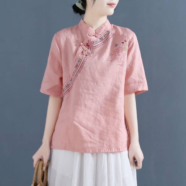 Picture of Cotton Linen Short-sleeved Shirt Women's 2024 Summer New Loose Design Sense Chinese Style Retro Buckle Embroidered Top Trendy