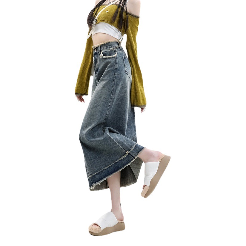 Summer wear raw edge design feeling a word hip skirt ins vintage fashion new niche high waist denim skirt for children
