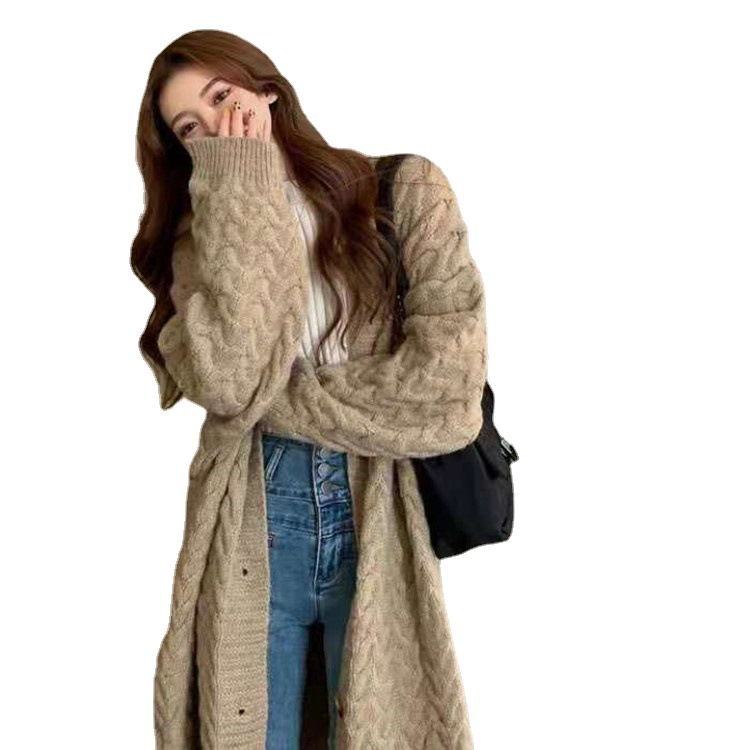 2025 Korean Thick Twist Lazy Style Outwear Autumn and Winter Loose Slim Long Cardigan Sweater Jacket for Women