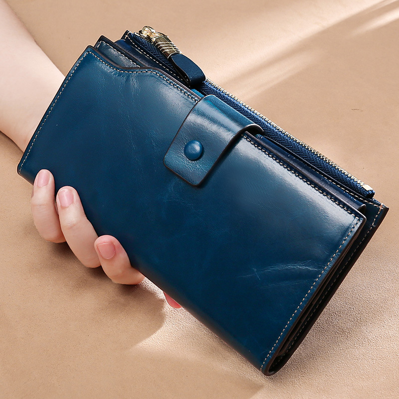 Picture of Cross-Border Genuine Leather Long Women's Wallet Rfid Anti-Theft Multi-Card Slot Wallet Retro Oil Wax Leather Girls' Clutch Bag