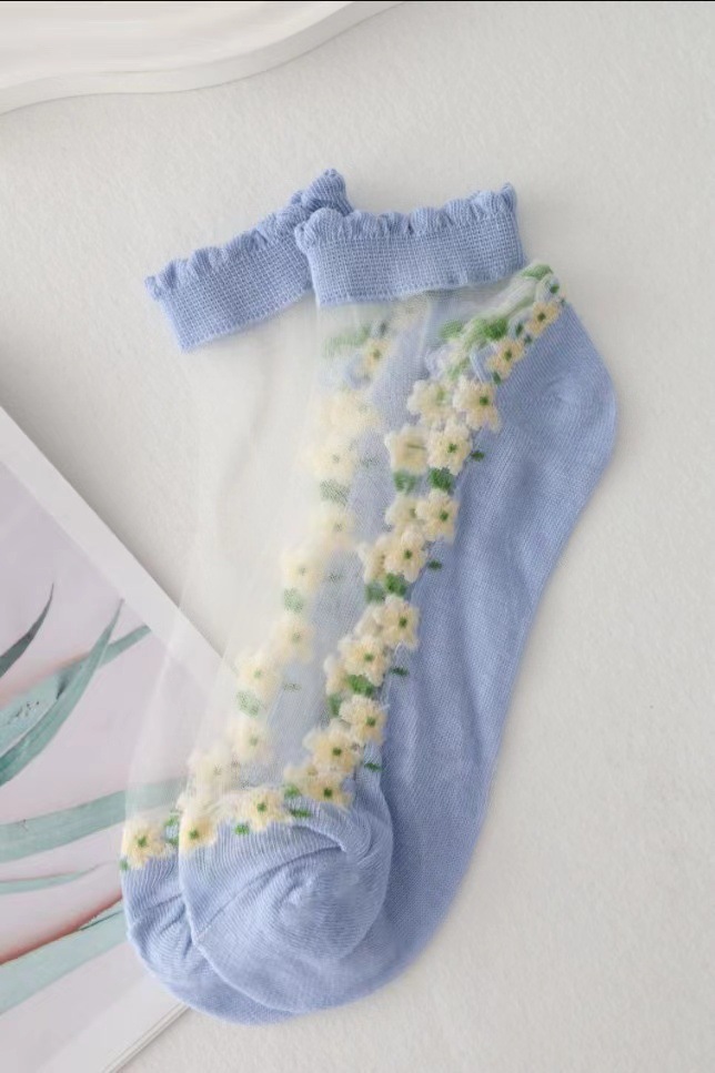 Picture of Floral Glass Silk Women's Summer Short Socks Japanese Style Cute Fresh Style ins Short Socks Cotton Bottom Sweat Absorbing Breathable Socks