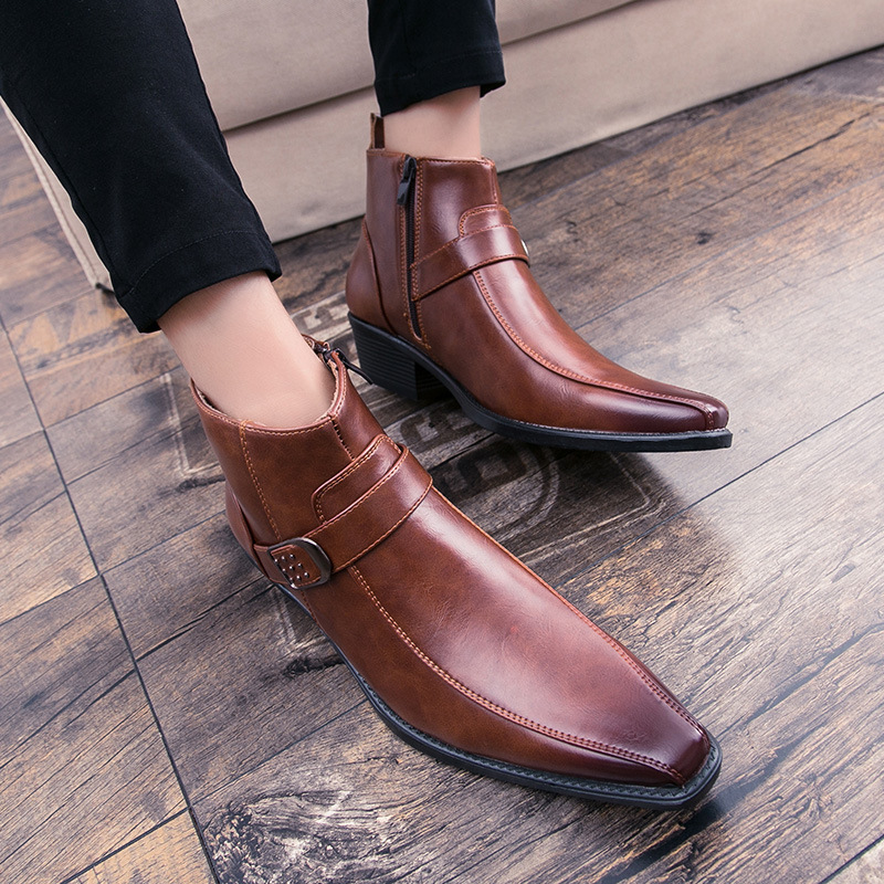 Foreign Trade Martin Boots Men's High Top Formal Shoes Business Leather Shoes Wedding Shoes Brown Casual Shoes Pointed Toe Men's Shoes for Hair