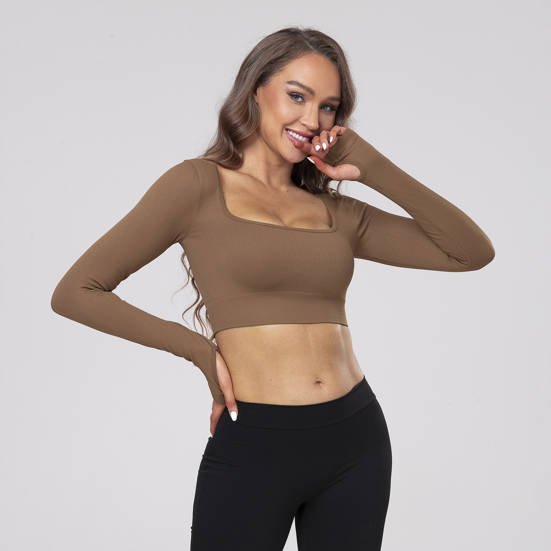 TT hot sale casual workout clothes leaking navel sexy long-sleeved top outdoor sports seamless square collar yoga T-shirt for women