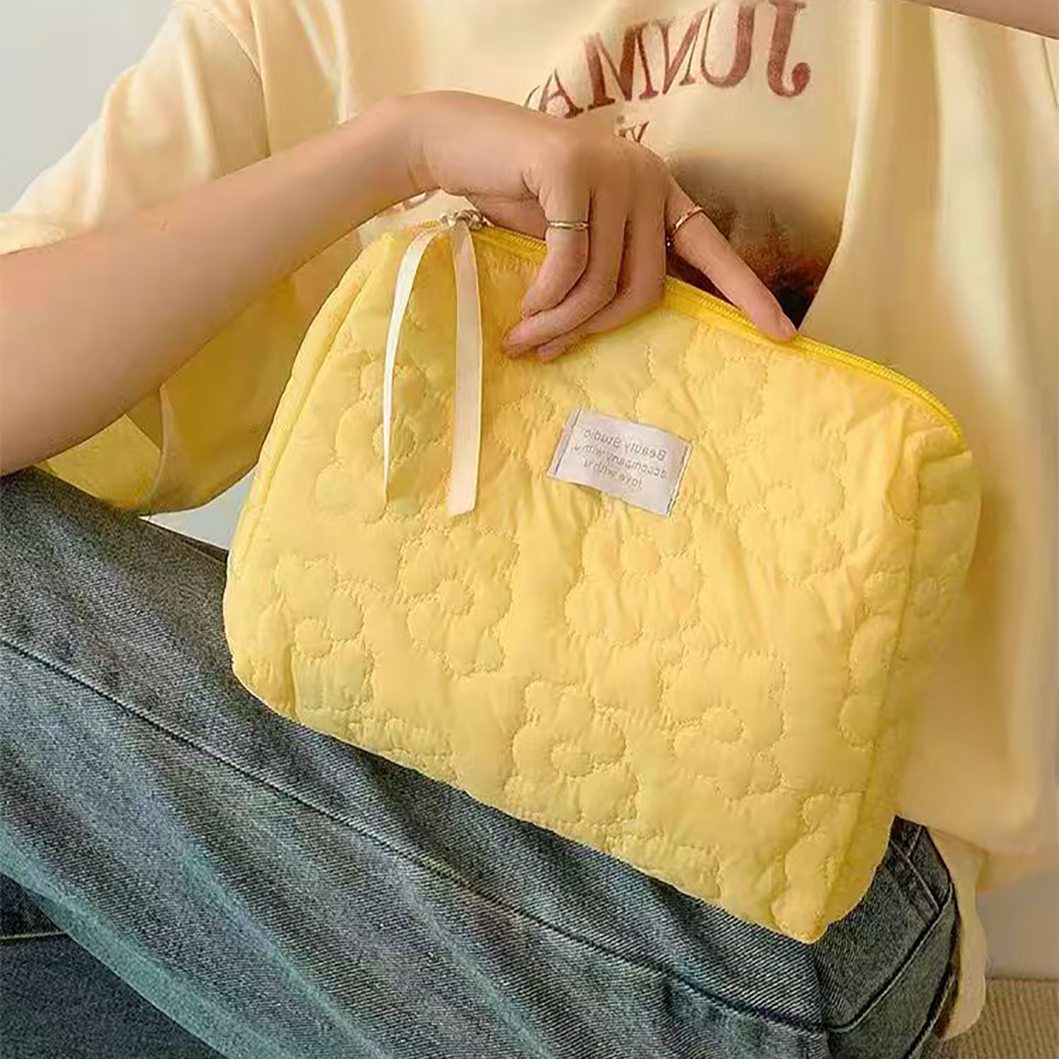 Soft Flower Cosmetic Bag for Business Travel Portable Fresh Solid Color Toiletry Bag High Color Lightweight Skin Care Storage