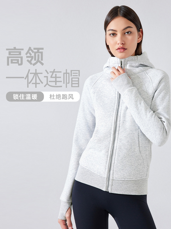 Autumn and Winter New Hooded Thick Slim Yoga Sweater Warm Solid Color Fingers Long Sleeve Jacket Women's Belt Pocket