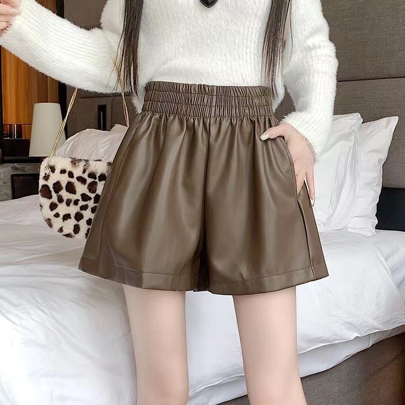 High waist A- line outer wear 20PU leather 23 elastic waist wide leg pants new black winter boot pants autumn pants shorts for women