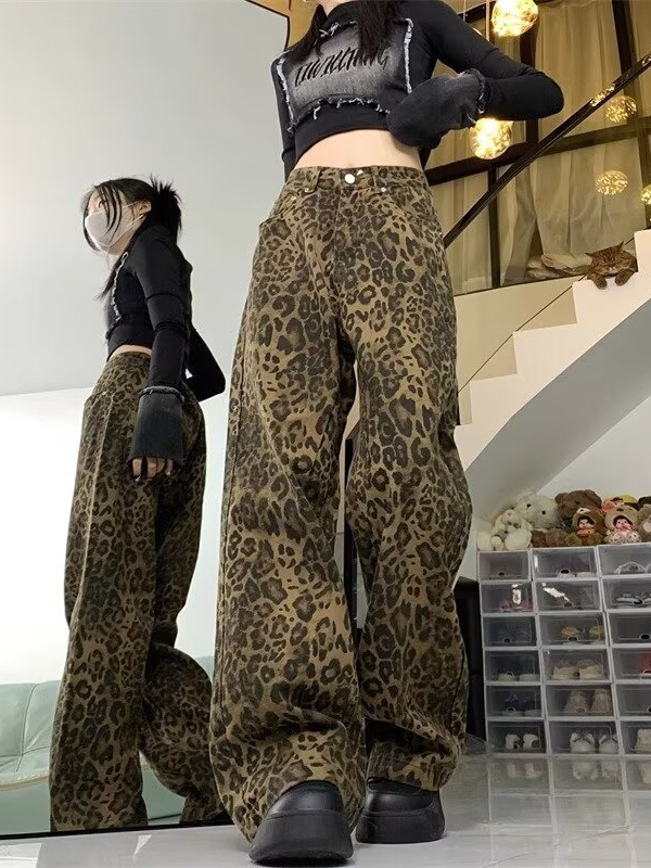 American Style Retro Leopard Print Wide Leg Jeans Women's Autumn New Spice Girls Loose Straight Pants Casual Floor Long Pants
