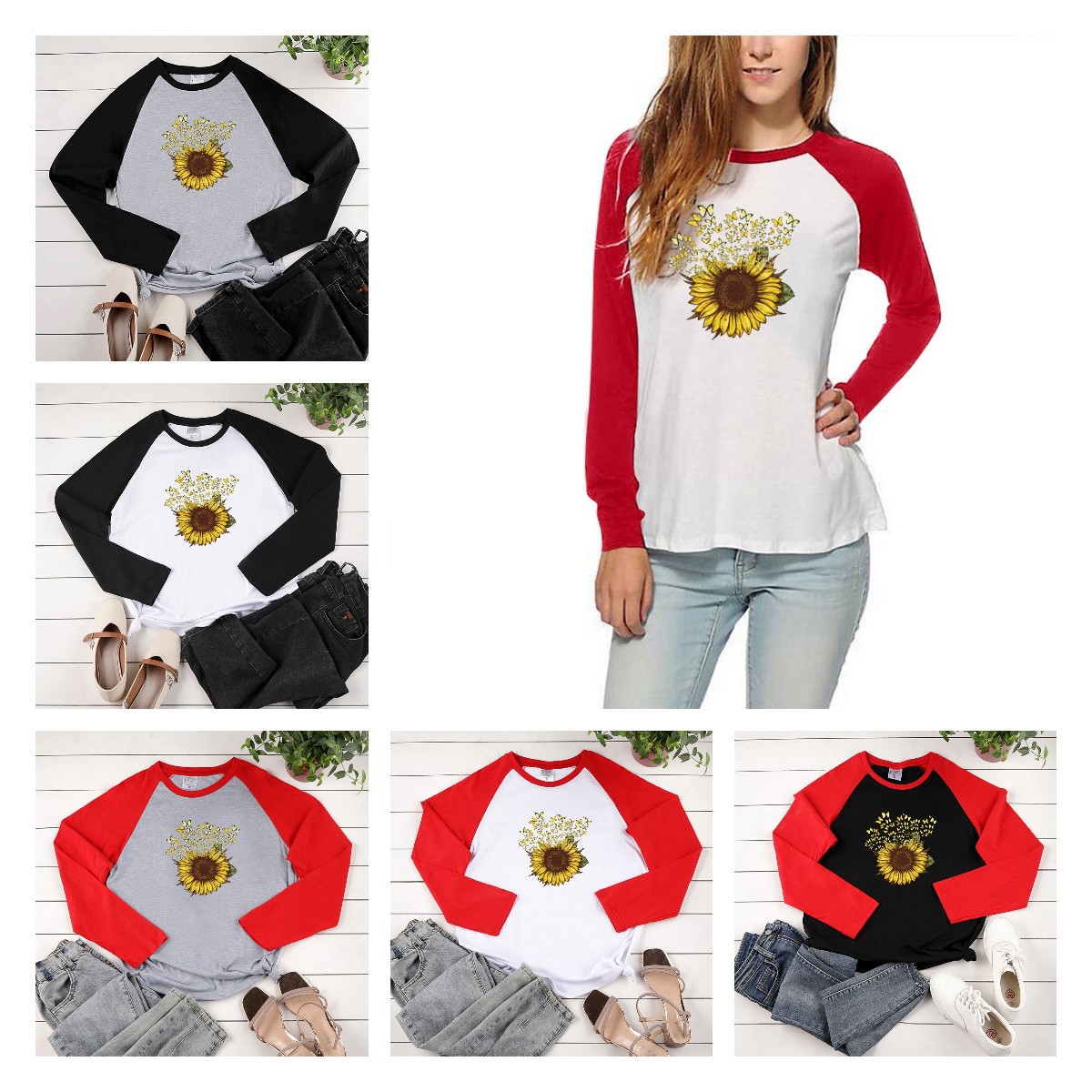 2020 ladies cross-border in autumn on the new scattered sunflower printed shoulder rub loose round neck long sleeve Europe and the United States