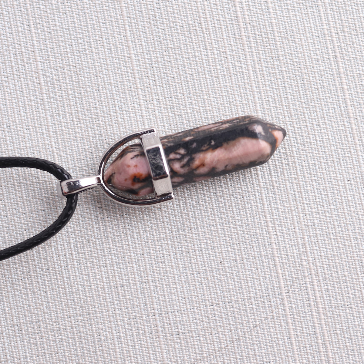 Picture of Natural Stone Hexagonal Pendant European and American Natural Crystal Hexagonal Prism Bullet Hexahedral Black Wax Rope Necklace