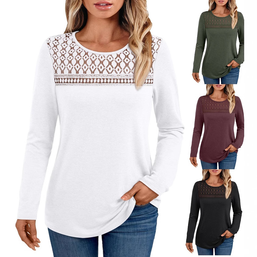 2025 European and American Amazon Foreign Trade Cross-Border Women's Solid Color Top Raglan Mesh Lace Hollow Breathable Versatile Long Sleeve