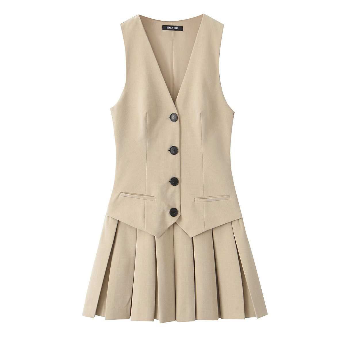 Saw Aliexpress Independent Site Women's European and American Style Wide Pleated Vest Style V Neck Sleeveless Short Dress 2157554