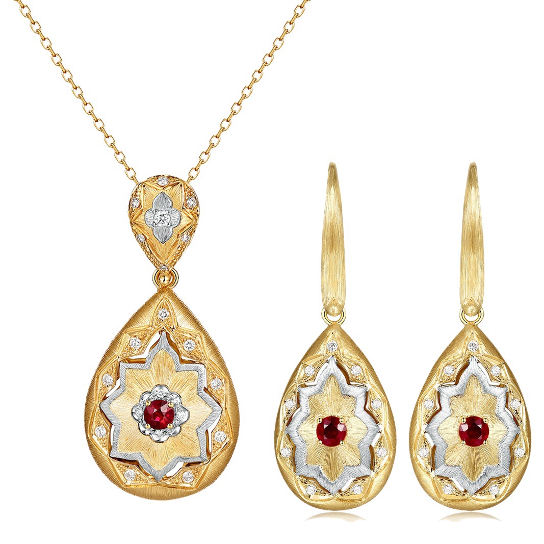 Italian Brati Ruby Pendant Women's Vintage Handmade Brushed Court Red Diamond Hook Earrings Necklace suit