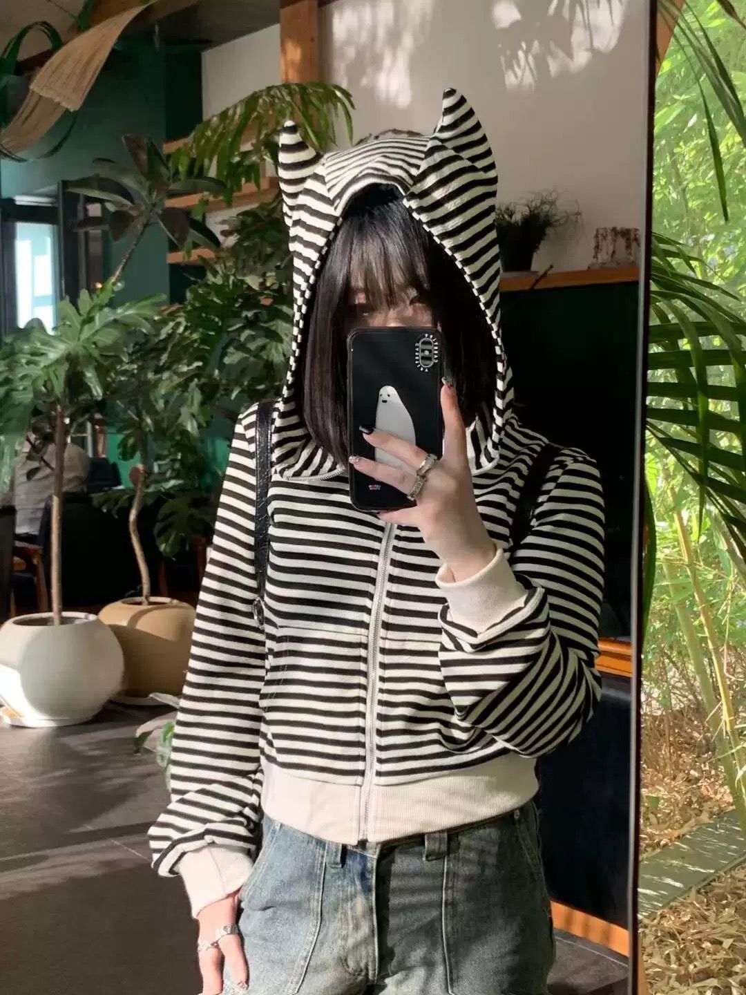 Cat Ears Deviruchi Striped Hooded Sweater Spring and Autumn Distinctive Hot Girl Slim-fit Short Jacket Zipper Top Cardigan