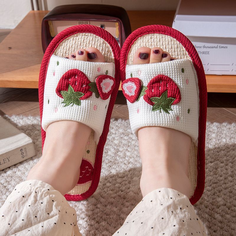 Four Seasons Spring and Autumn Strawberry Linen Slippers Spring and Autumn Sweet Home Girl Soft Bottom Mute Universal Non-Slip Floor