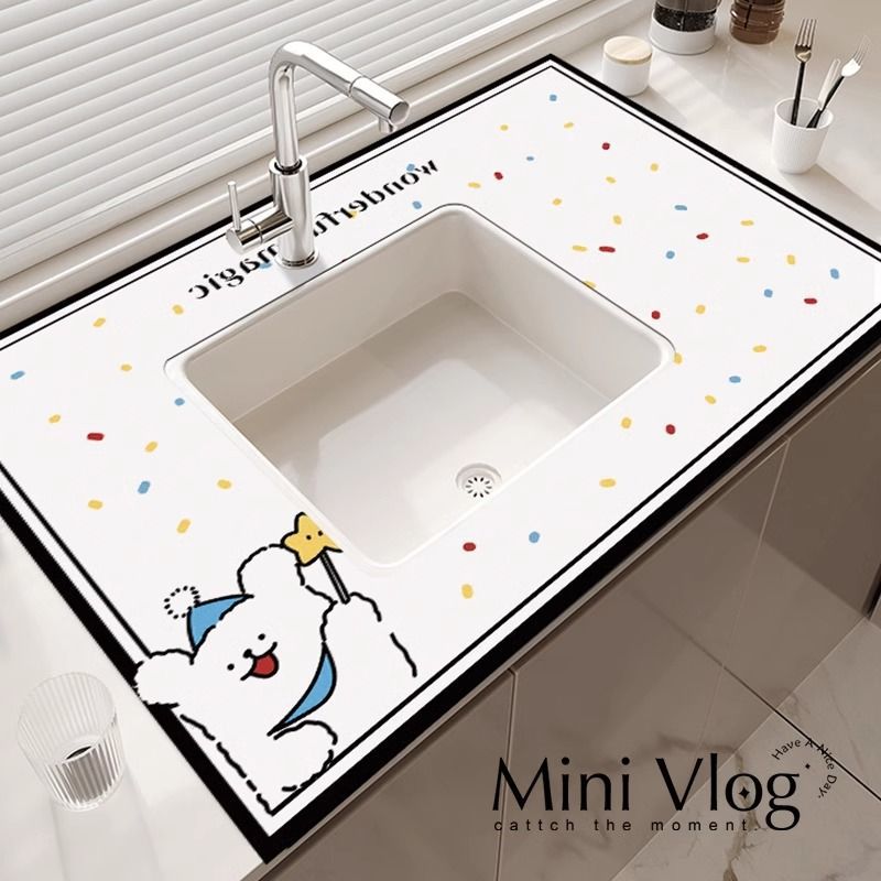 Bathroom Sink Countertop Drain Pad Puppy Bathroom Sink Absorbent Quick-Drying Anti-Slip Pad Cartoon Pattern