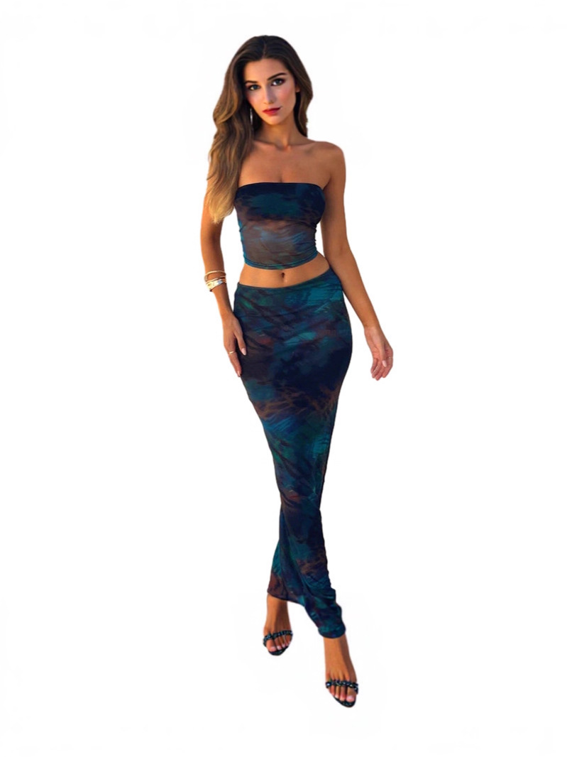 D9742 Amazon European and American Hot Women's Sexy Slim Fit Tube Top Printed Vest Hip Skirt Two-Piece Set