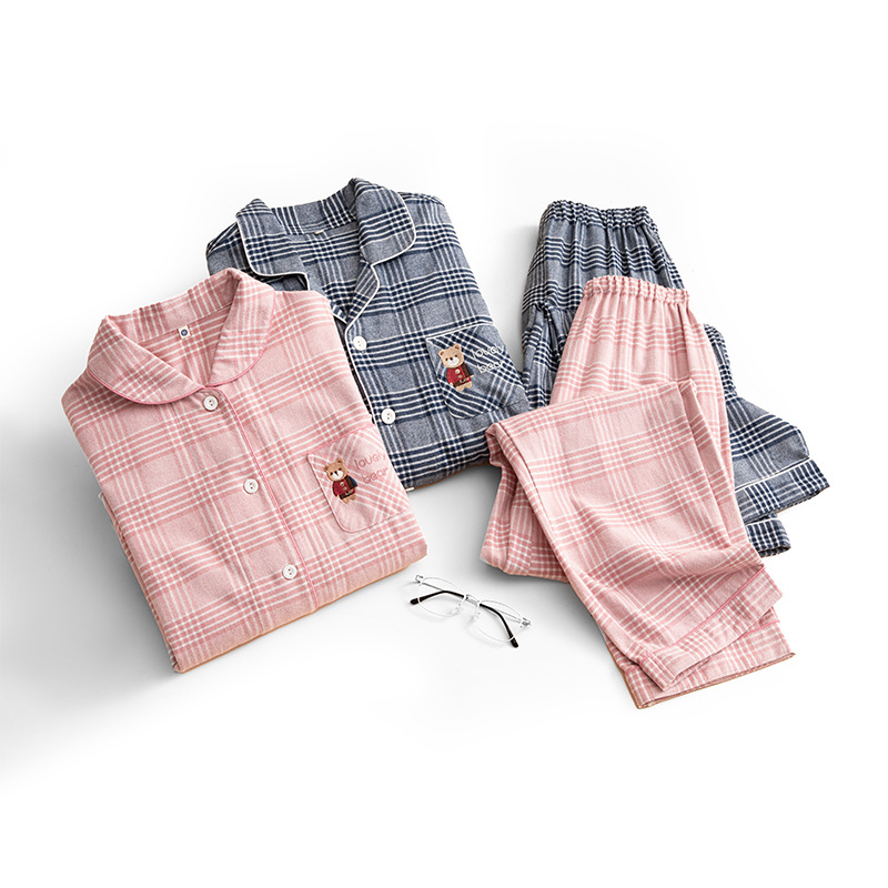 Autumn and Winter Men and Women Couple Bear Embroidered Plaid Cotton Scrub Pair Pajamas suit Home Clothes suit