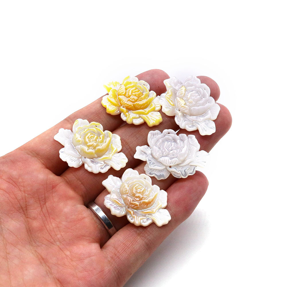 Picture of Natural seawater shell lotus shape beads 23x 33mm white butterfly shell yellow shell stereo double hole pendant DIY jewelry