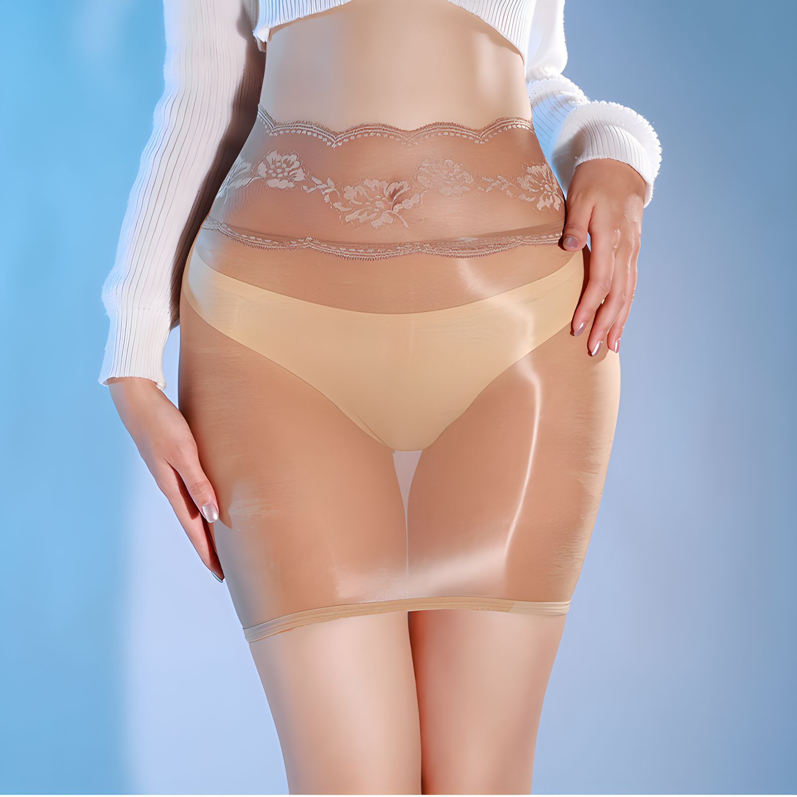 Picture of Sexy, tight, shiny hip-hugging short skirt, tempting, no removal, sexy lingerie, lace see-through, pure desire, black stockings that shape and slim legs