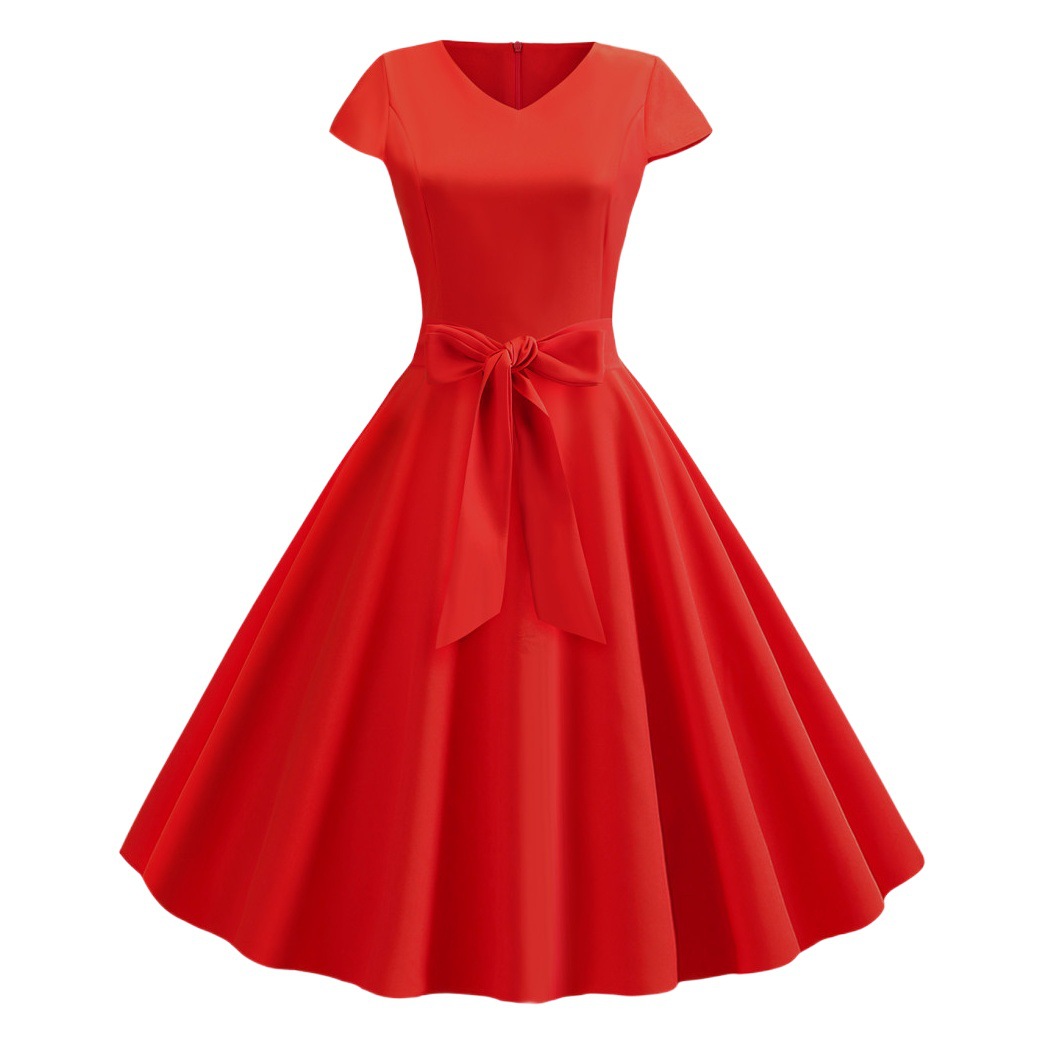 Manufacturer's Supply 2019Eaby Spot Summer Retro V Neck Short-Sleeved Pure Color Casual Swing Dress