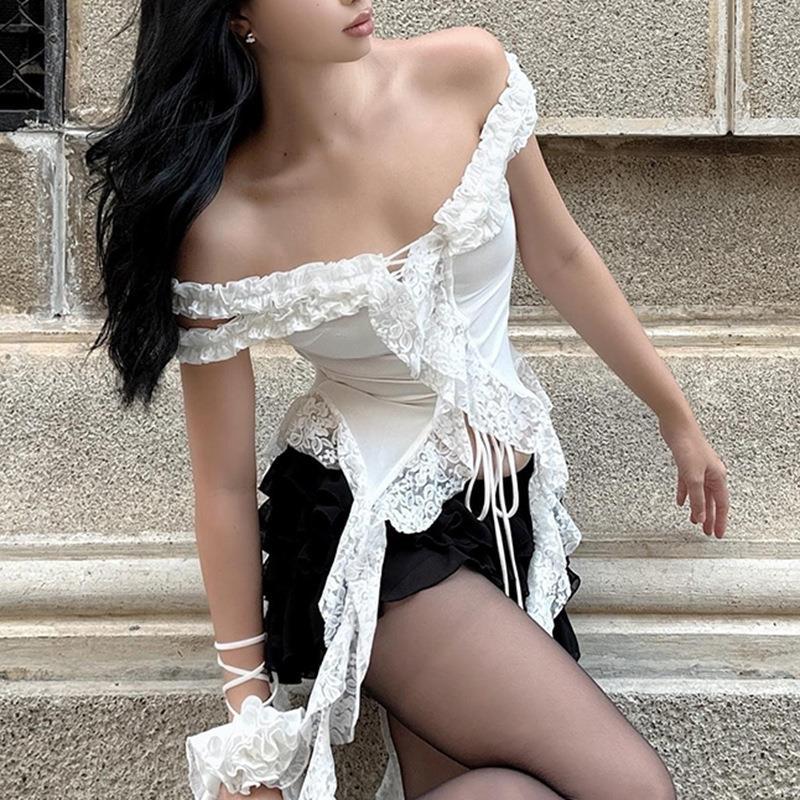 Picture of European and American holiday style lace ruffled ribbon strap slimming tube top cross-border off-neck slim-fit design vest