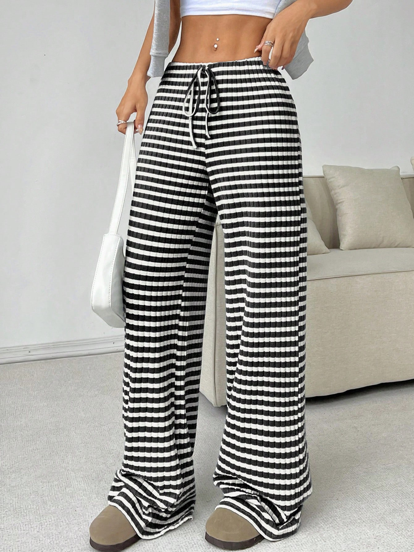 2025 Amazon Autumn and Winter Boutique New Pure Color Stripesd Drawstring Elastic Cotton Straight Sweatpants Cross-Border Women's Clothing