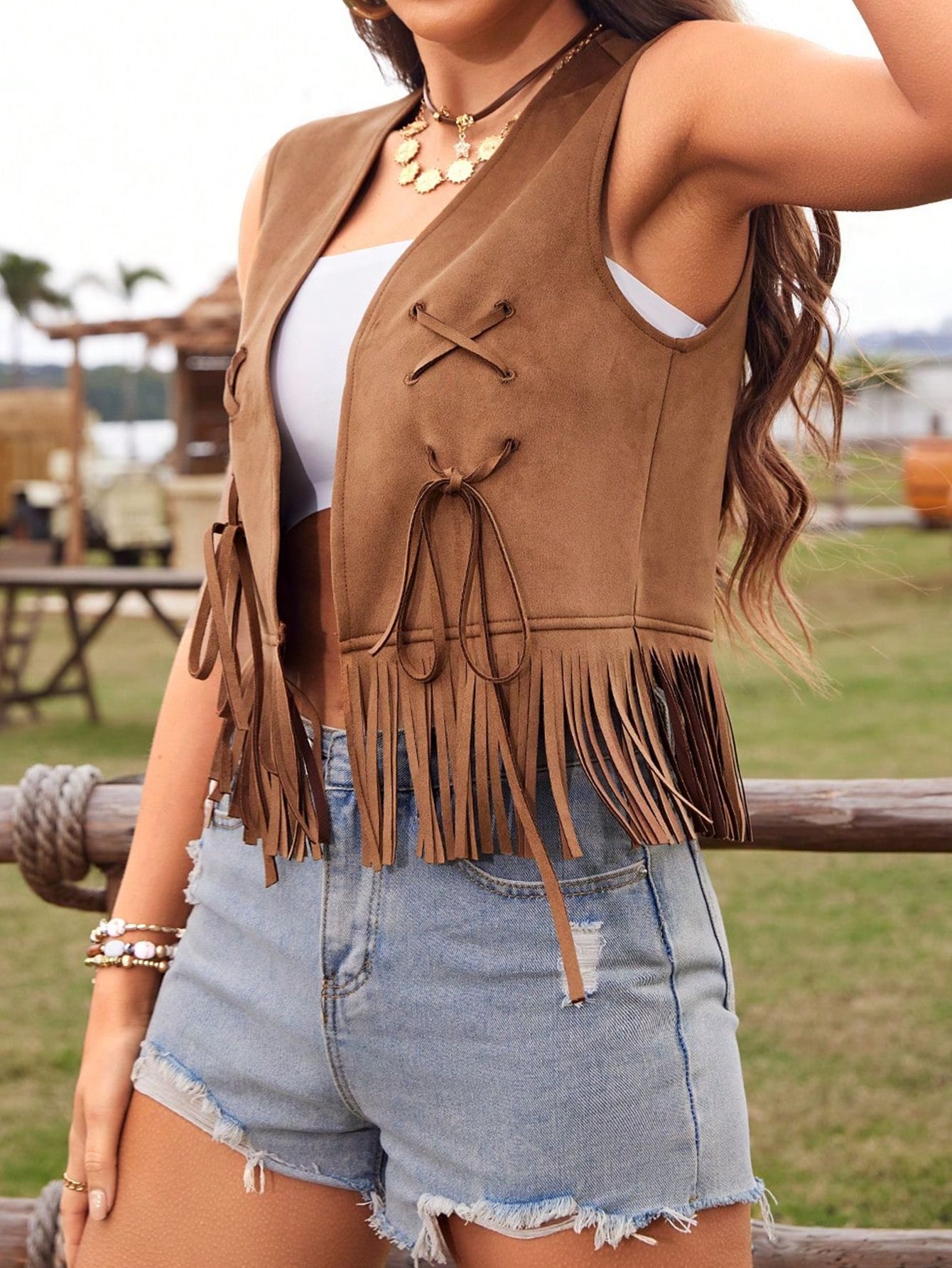 Picture of European and American Cross-Border Amazon New Hippie Tassel Vest Women's Party Stage Vest Clothing Imitation Suede