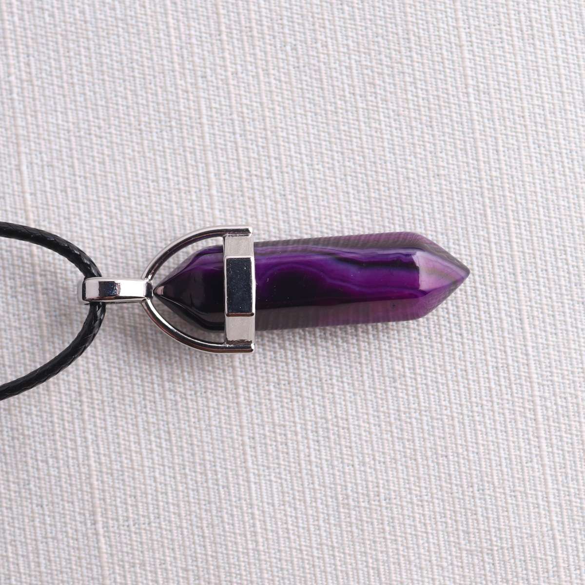 Picture of Natural Stone Hexagonal Pendant European and American Natural Crystal Hexagonal Prism Bullet Hexahedral Black Wax Rope Necklace