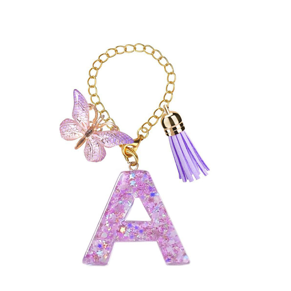 Cross Border Purple 26 Letter Butterfly Tassel Pendant Cup Chain Cute Backpack Water Cup Stanley Cup Pendant Keychain