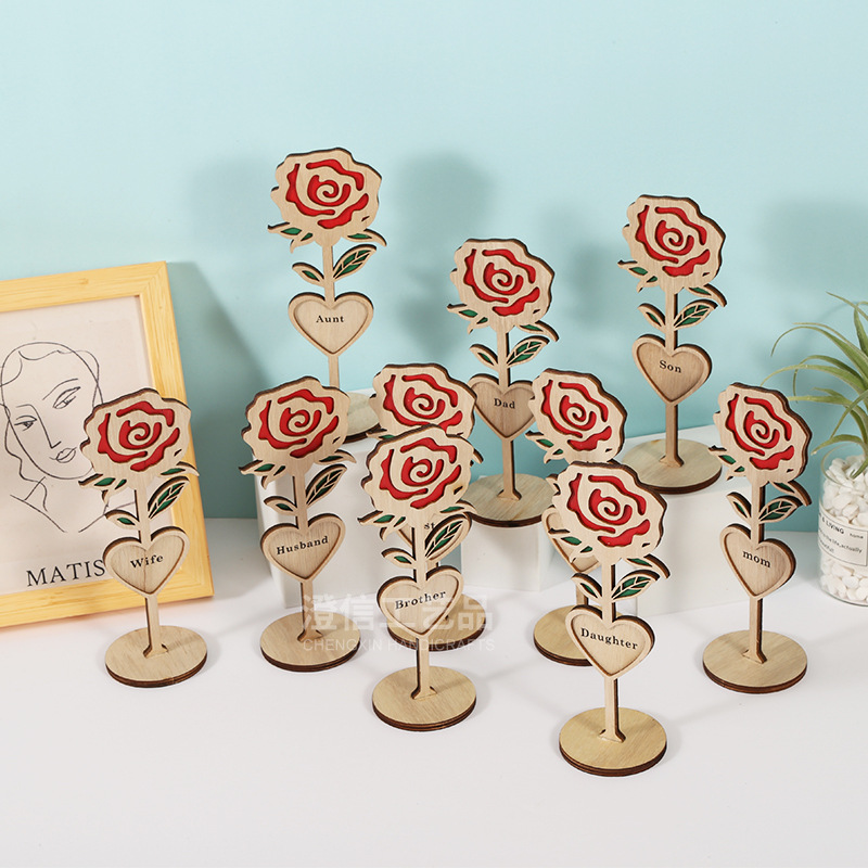 Father's Day Gift Wooden Ornaments Ins Style Rose Home Light Luxury Decorative Desktop Ornaments Wooden Crafts