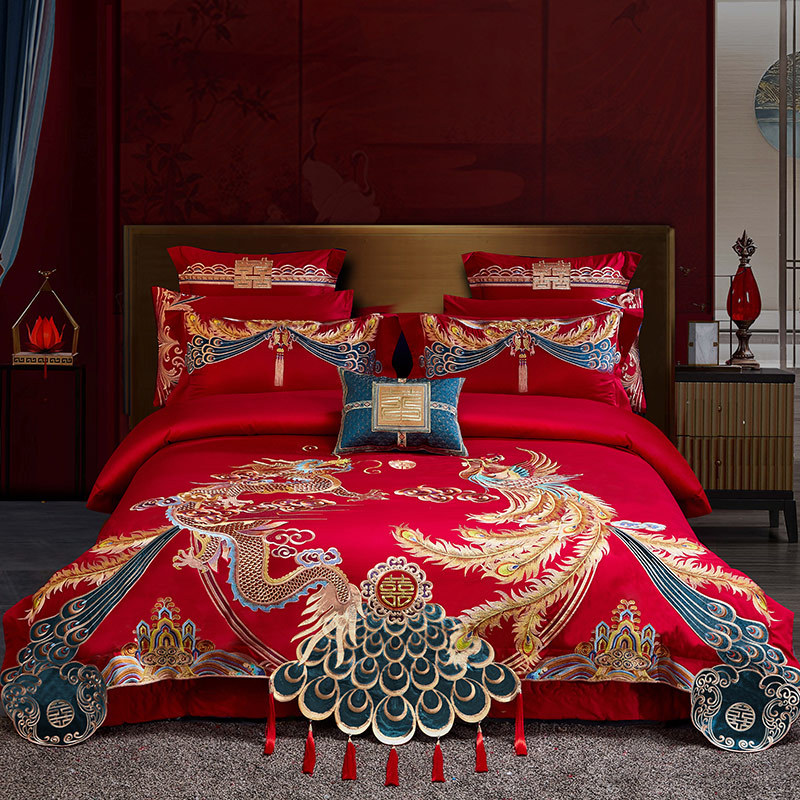 High-end wedding 160 long-staple cotton embroidery wedding four-piece cotton satin red six-piece/ten-piece set