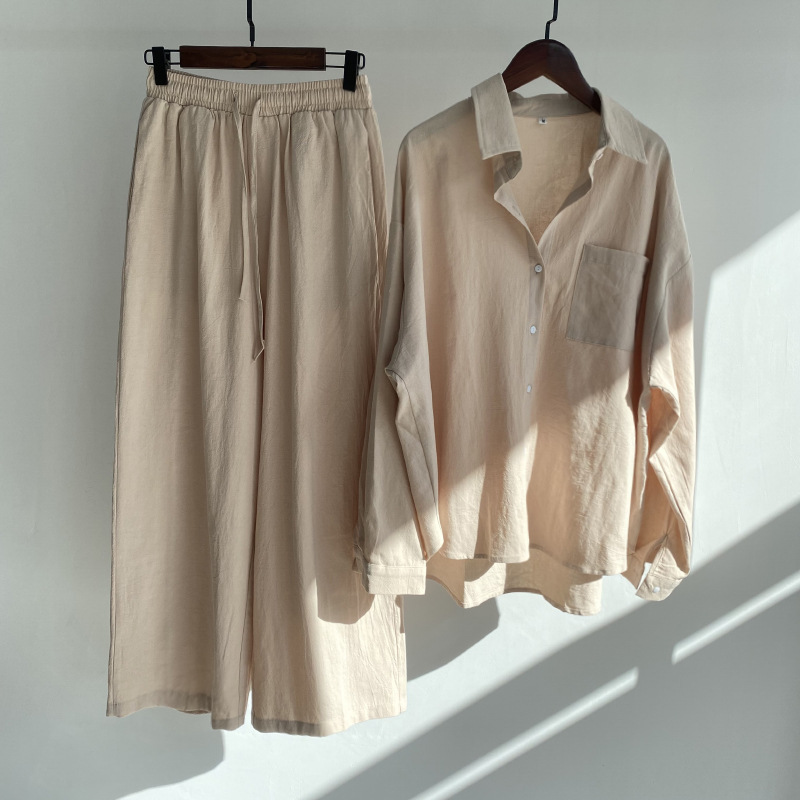 Picture of Cross-border Amazon Women's 2-piece Vintage Plus Size 2022 Cotton and Linen Shirt suit High Waist Loose Trousers