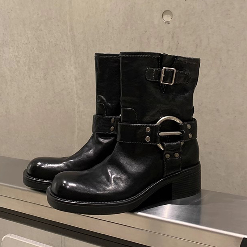 Picture of Grape Mom Punk Sweetheart ~ Metal Buckle Round Toe Retro Genuine Leather Motorcycle Thick Heel Western Short Boots 2025 New Style