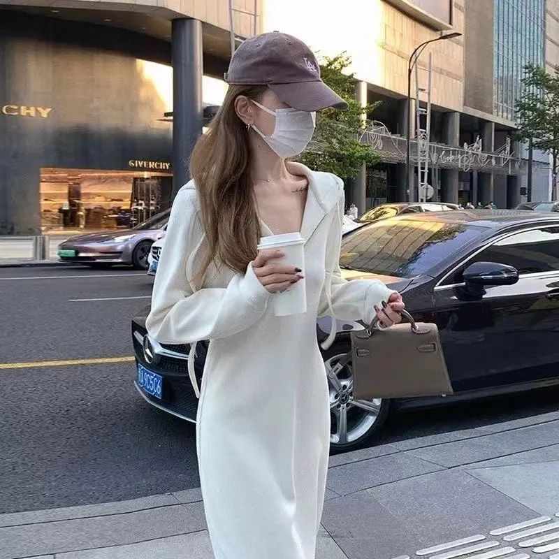 French Style White Sweater Dress Spring and Autumn New Women's Clothing Small Design Sense High Hooded Long Dress Trendy