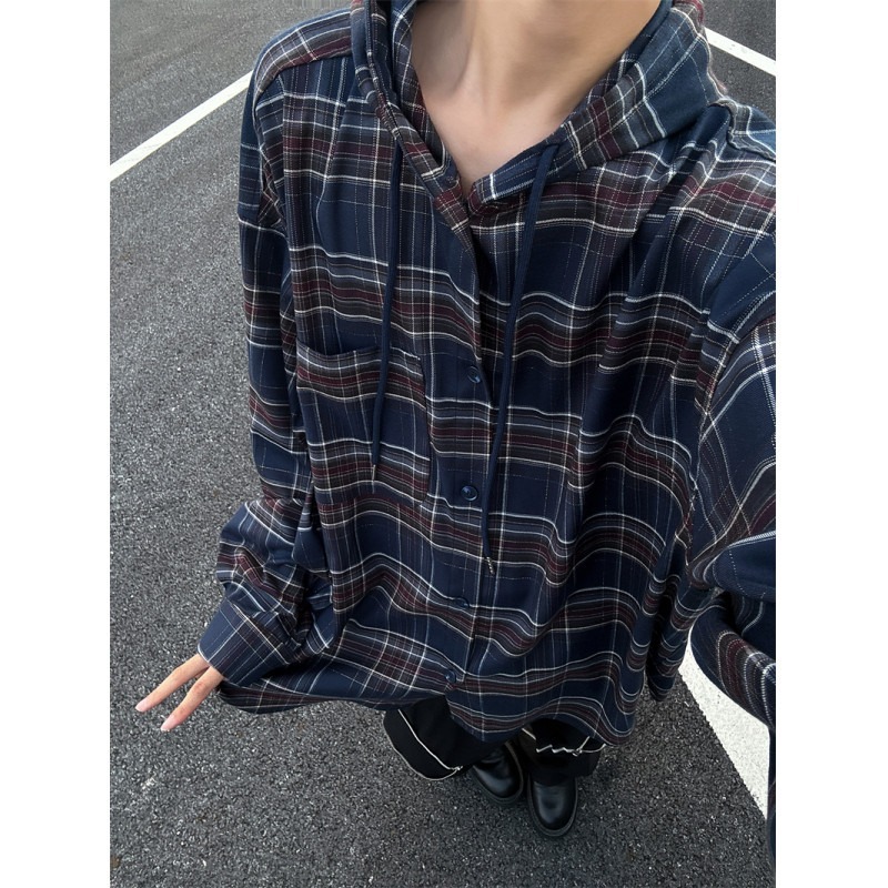 Early Autumn American Style All-match Casual Plaid Shirt Loose Retro Hooded Shirt Jacket Loose Trendy for Men and Women