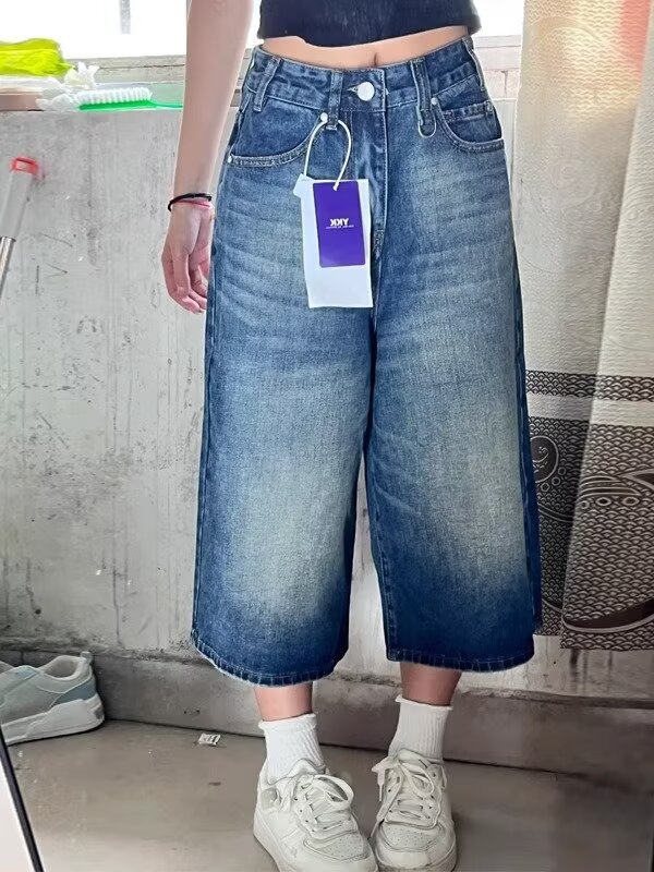 American Style Retro Cropped Jeans Women's Spring and Summer New Loose All-match High Waist Slimming Old Wide Leg Straight Pants