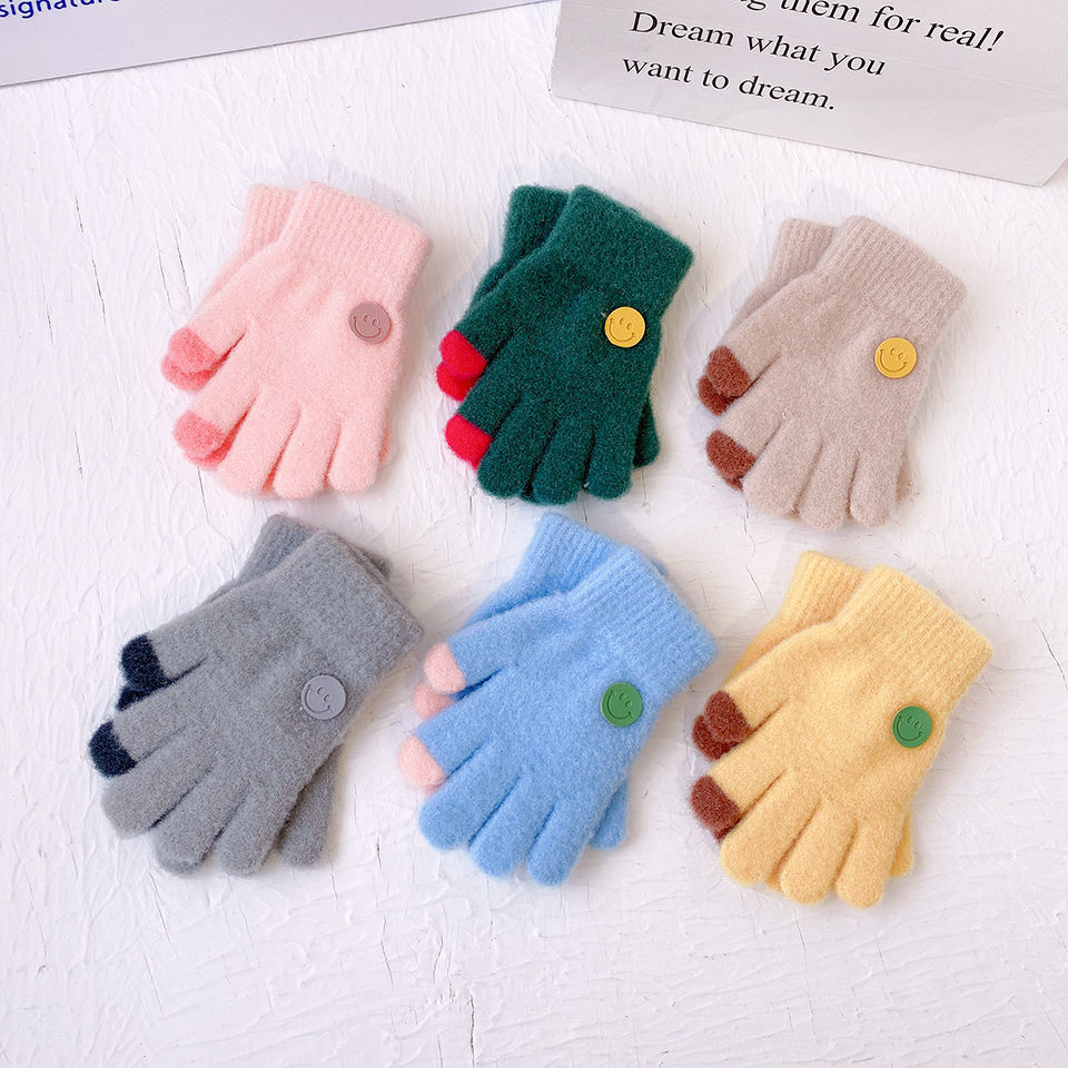Picture of Children's Gloves Thin Boys Baby Boys Girls Winter Girls Five Fingers Warm Smiling Face Primary School Students Winter